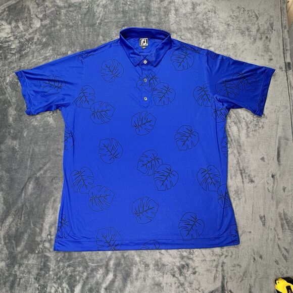 FootJoy FJ Sz XXL Blue Performance Golf Polo Shirt Men’s Tropical Monstera Leaf - Picture 2 of 11